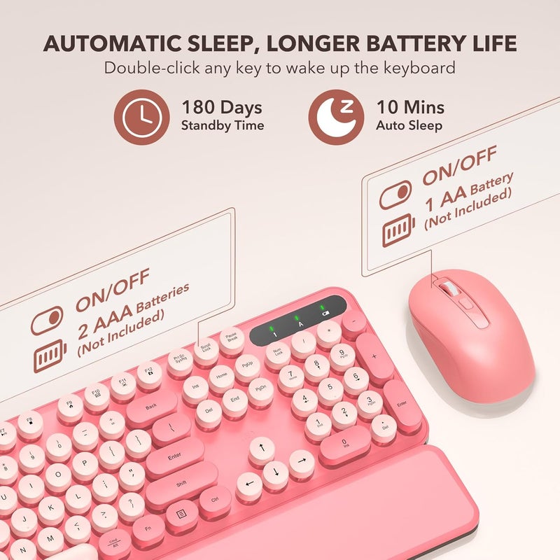 SABLUTE Wireless Keyboard and Mouse Combo, Retro Keyboard with Round Keycaps, Full-Size Typewriter Style Keyboard with Detachable Wrist Rest, 2.4GHz Only Cordless Connection for Windows/PC/Laptop (Baby Pink) - Image 4